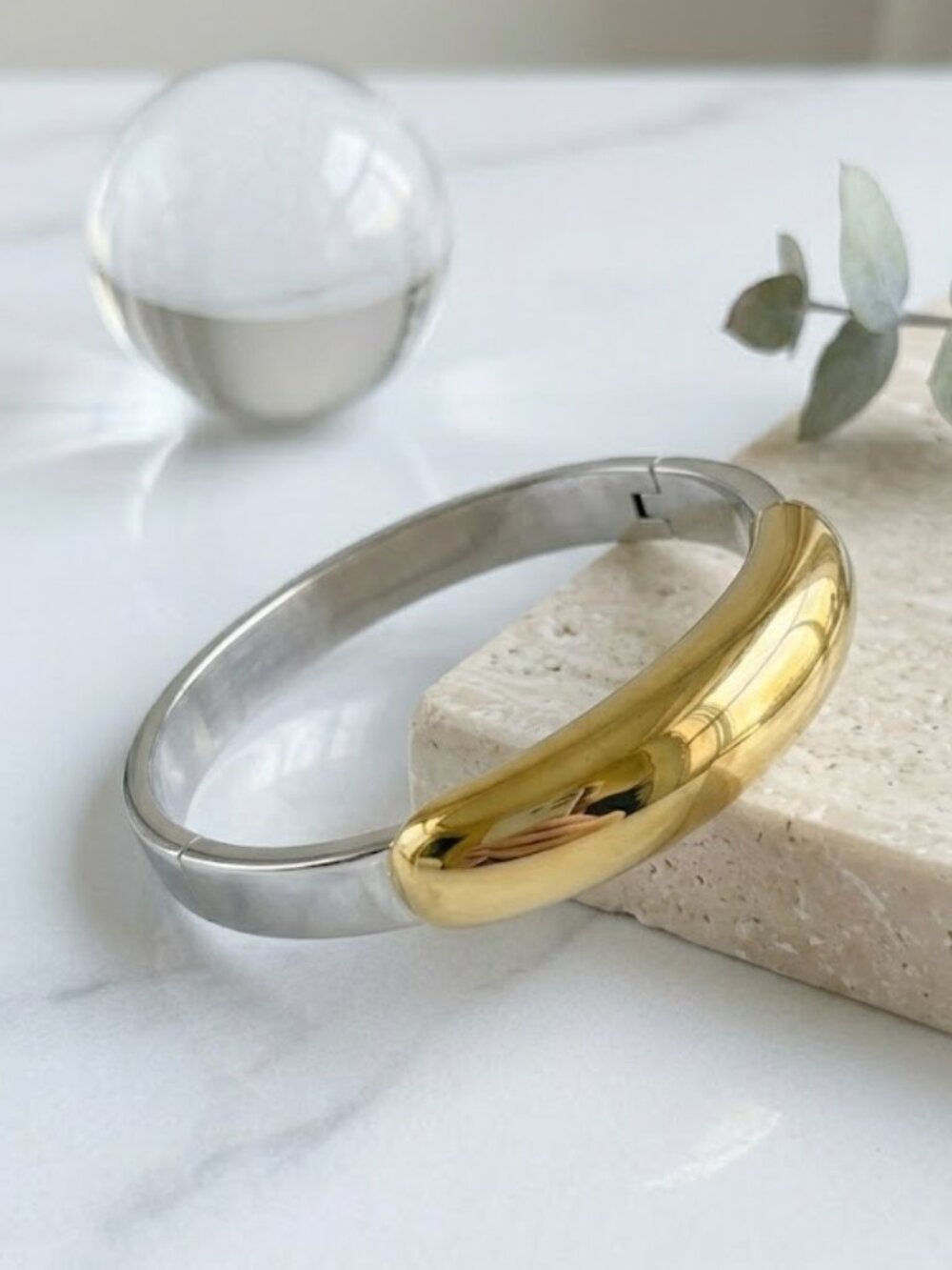 Two Tone Gold Silver Bangle Bracelet Hinged Sculptural Cuff Mixed Metal Modern